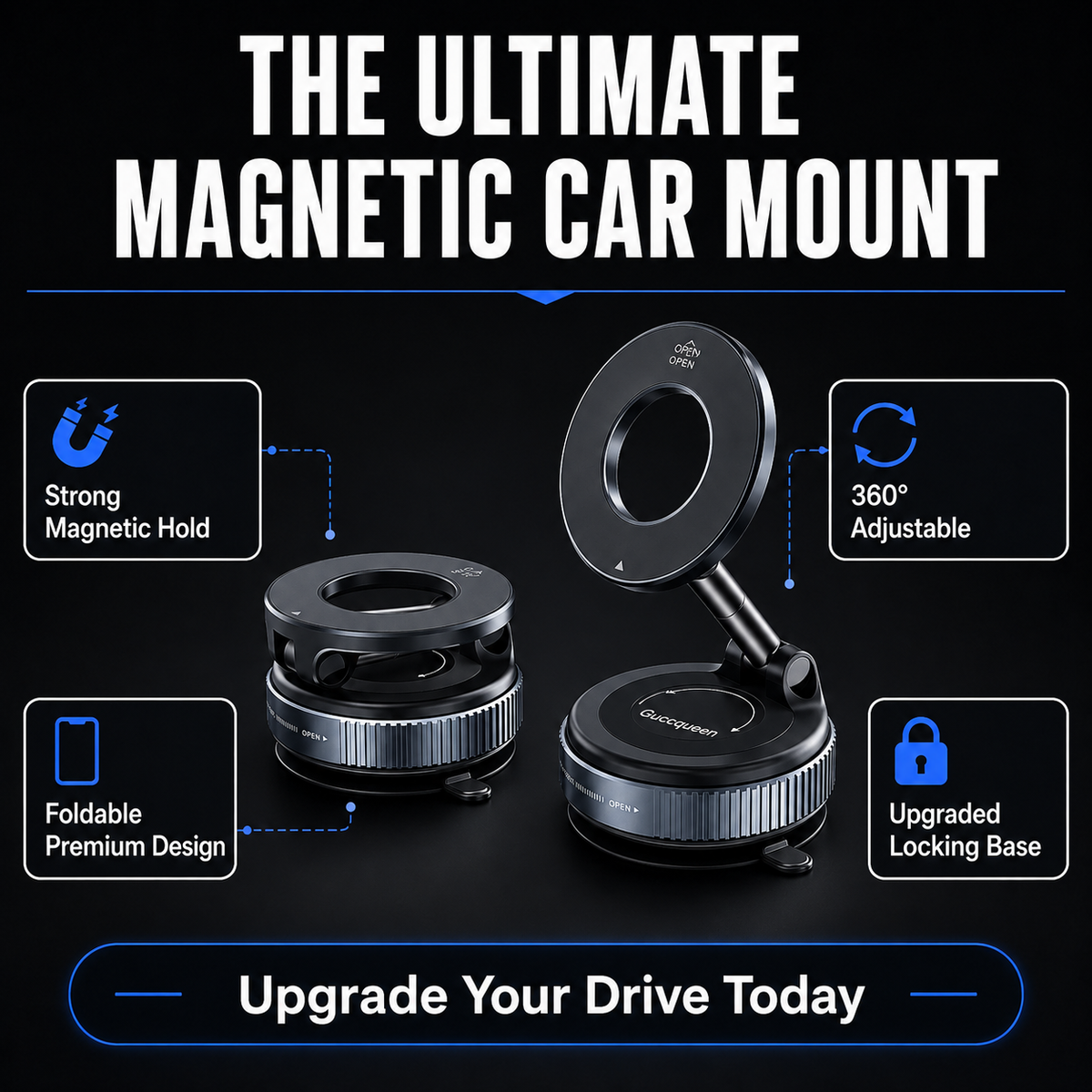 Foldable magnetic phone holder mounted inside a car